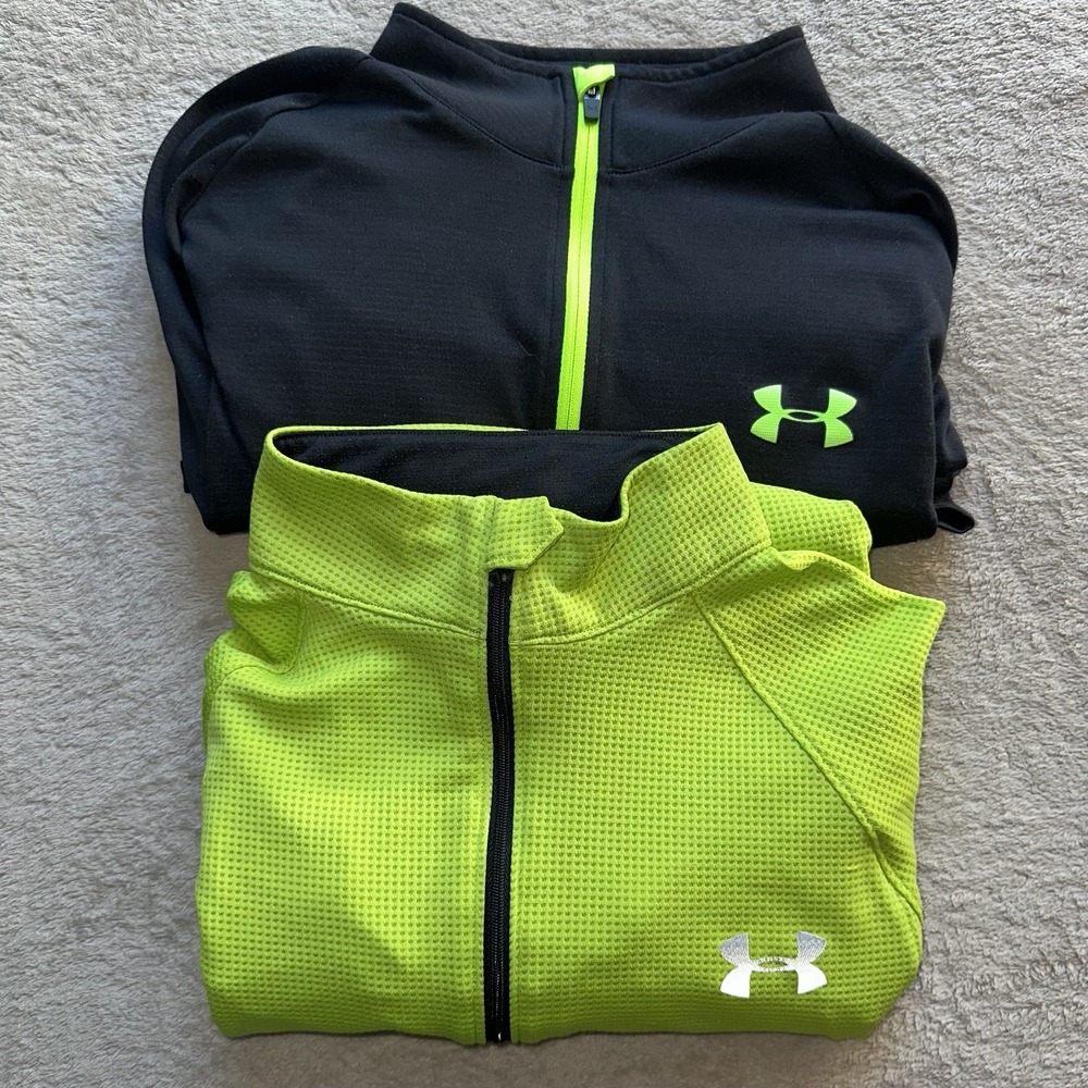 Lot of 2 Under Armour 1/4 Zip Pullover Jacket Tech Grid Neon Black Mens Medium